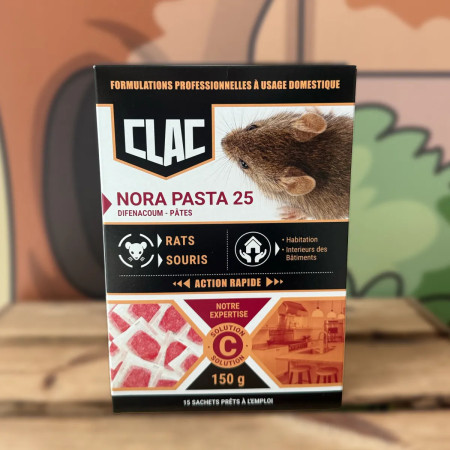 Clac Nora Pasta 25 — appât raticide en sachets contre rats et souris, disponible chez PAN by FF Services 3D à Champagné (Sarthe)