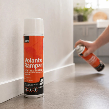Pictogrammes et mode d'emploi aérosol insecticide Armosa 500 ml — désinsectisation professionnelle, Sarthe 72
