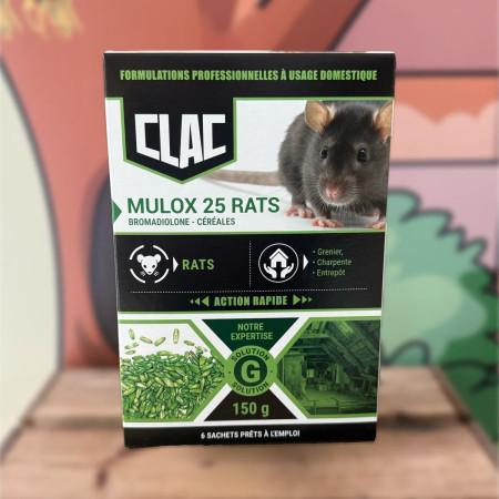 Raticide Clac Mulox 25 Rats céréales 150 g — dératisation rats grenier charpente, PAN by FF Services 3D Champagné (Sarthe)