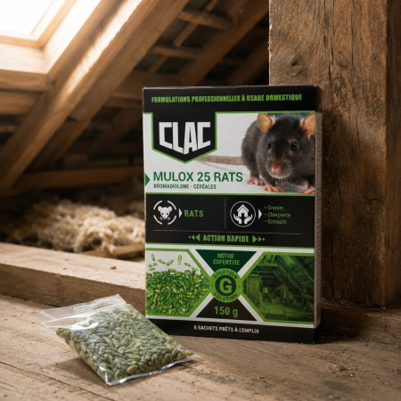 Raticide Clac Mulox 25 Rats céréales 150 g — dératisation rats grenier charpente, PAN by FF Services 3D Champagné (Sarthe)