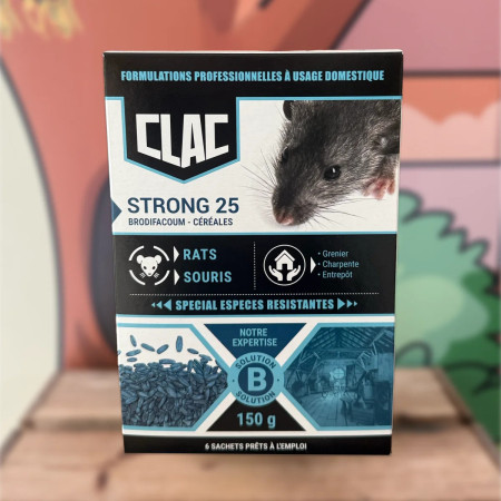 Raticide Clac Strong 25 céréales brodifacoum 150 g — anti-rats et souris espèces résistantes, 6 sachets