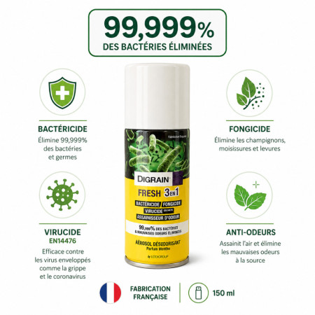 Aérosol Digrain Fresh 3 en 1 150 ml — désinfectant bactéricide fongicide virucide et anti-odeurs parfum menthe - infographie