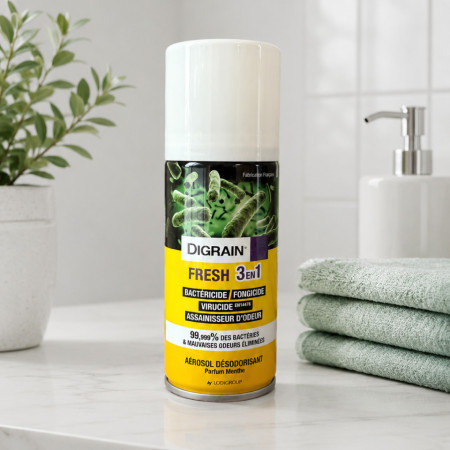 Aérosol Digrain Fresh 3 en 1 150 ml — désinfectant bactéricide fongicide virucide et anti-odeurs parfum menthe