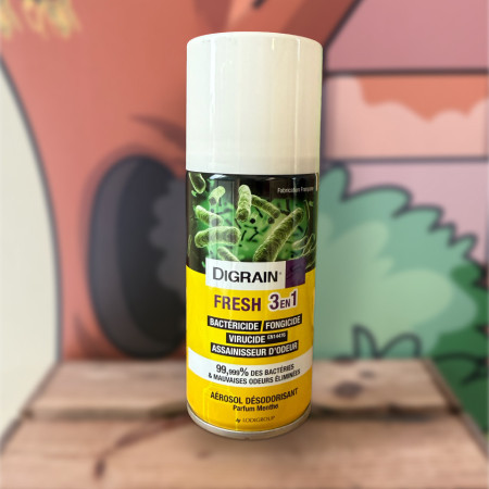 Aérosol Digrain Fresh 3 en 1 150 ml — désinfectant bactéricide fongicide virucide et anti-odeurs parfum menthe