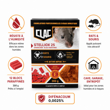 Clac Stelliox 25 Raticide Blocs Paraffinés — Rats & Souris Zones Humides 300 g