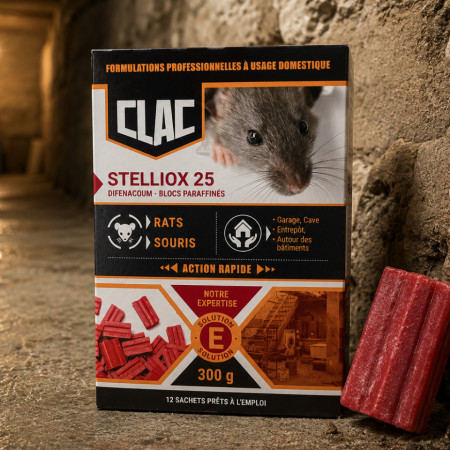 Raticide Clac Stelliox 25 blocs paraffinés difénacoum 300 g — anti-rats et souris zones humides, 12 blocs
