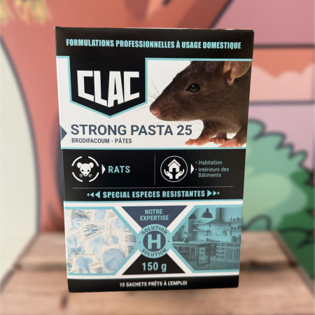 Raticide Clac Strong Pasta 25 pâtes brodifacoum 150 g — anti-rats espèces résistantes, 15 sachets