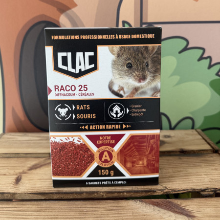 Raticide Clac Raco 25 céréales difénacoum 150 g — anti-rats et souris, 6 sachets prêts à l'emploi