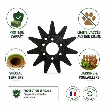 Étoile de terrier — dispositif de protection des appâts rongeurs en extérieur, limite l'accès aux animaux non ciblés