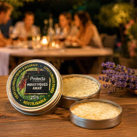Boîtier métallique ouvert Moustiques Away 20g — baume répulsif à l'huile de lavandin, réutilisable pour terrasse et camping