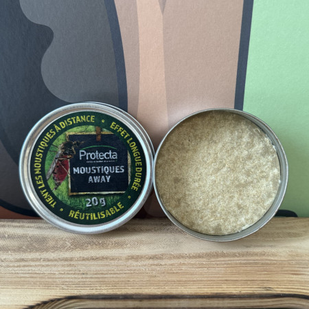 Boîtier métallique ouvert Moustiques Away 20g — baume répulsif à l'huile de lavandin, réutilisable pour terrasse et camping